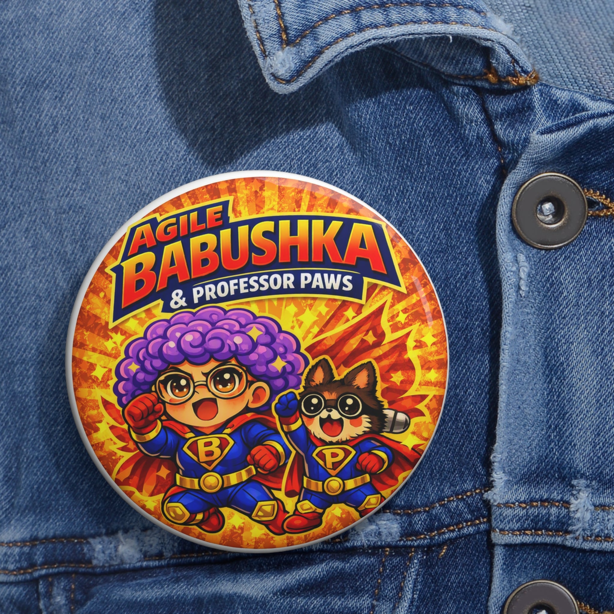 Custom Pin Button — "Agile Babushka & Professor Paws" Cartoon Badge