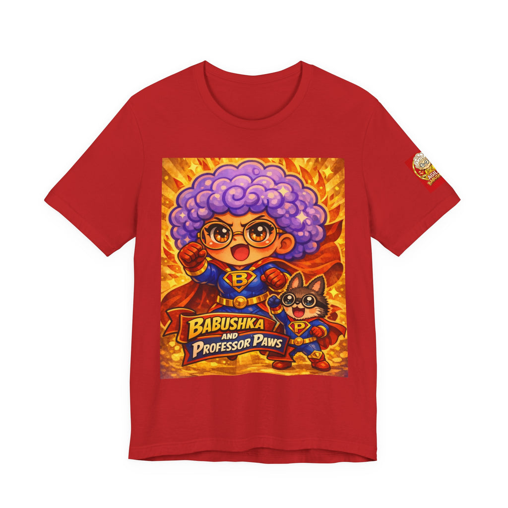 Babushka & Professor Paws Graphic Tee — Cute Retro Superhero Grandma T-Shirt