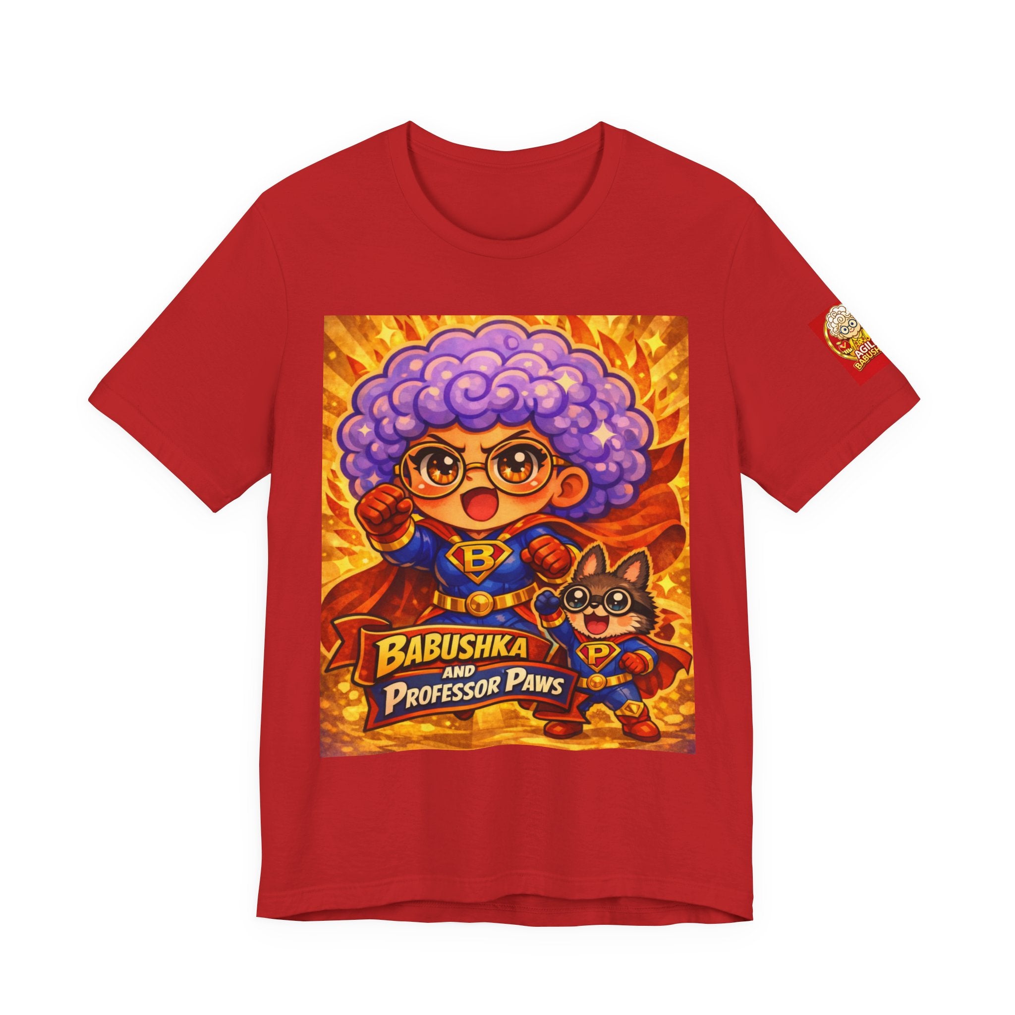 Babushka & Professor Paws Graphic Tee — Cute Retro Superhero Grandma T-Shirt