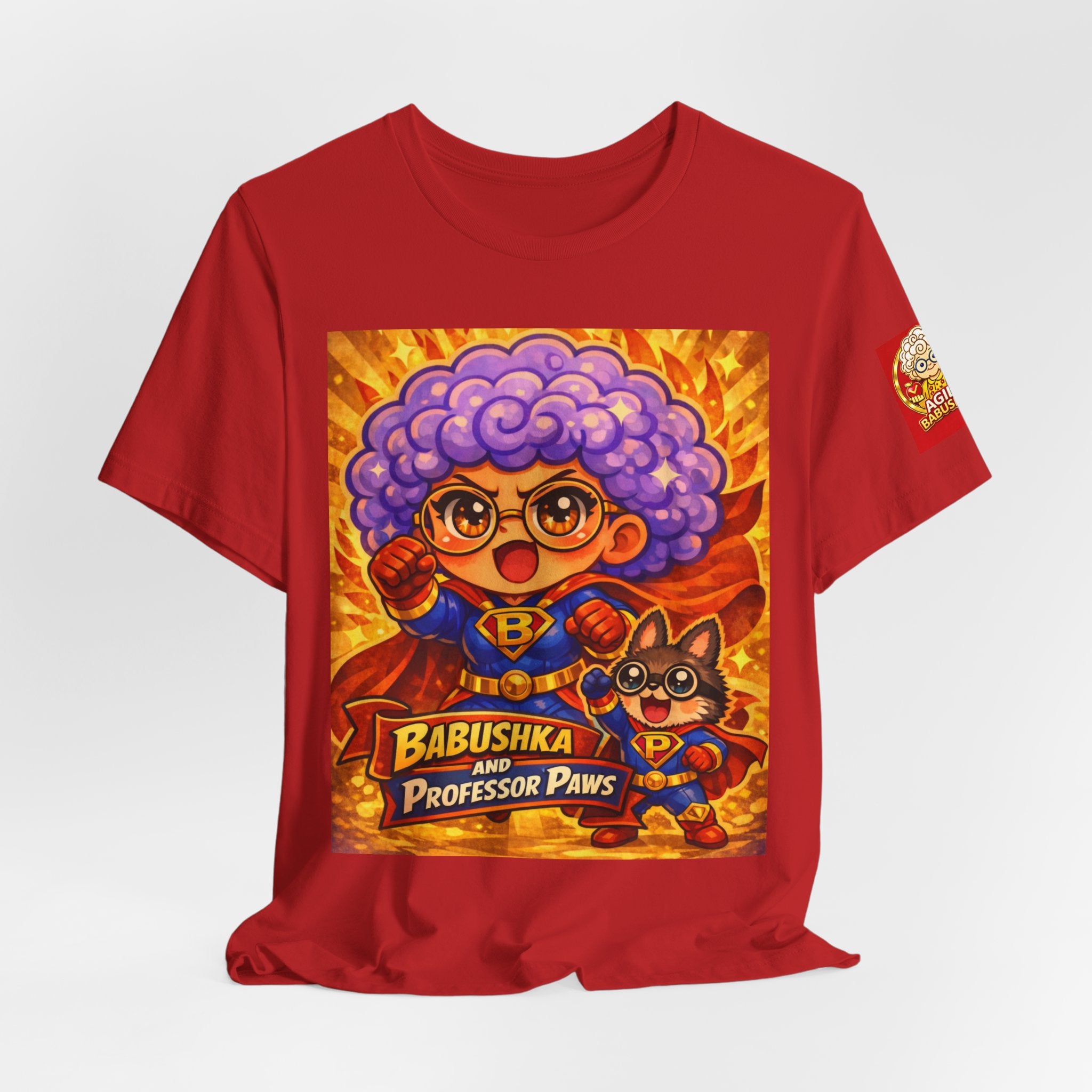Babushka & Professor Paws Graphic Tee — Cute Retro Superhero Grandma T-Shirt