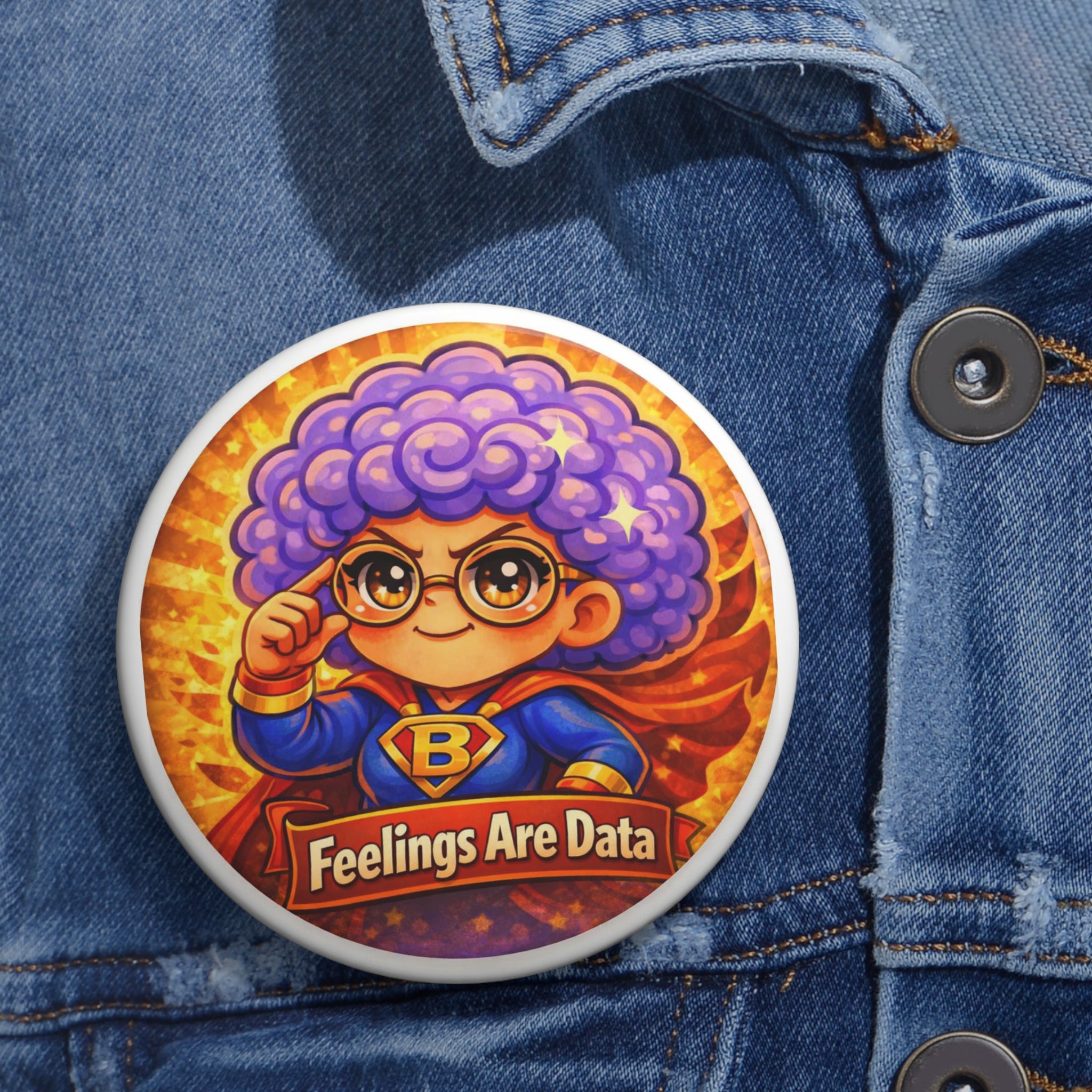 Pin Button — 'Feelings Are Data' Cute Superhero Brain Badge