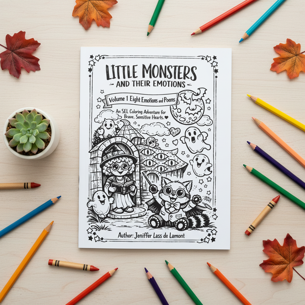 Little Monsters and Their Emotions coloring book flat lay on wood surface with colored pencils and autumn leaves
